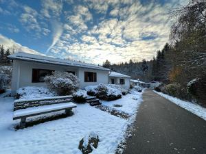 una casa con un banco en la nieve en Moderne Ferienwohnung mit kostenlosem Eintritt zum Freibad, en Falkenstein