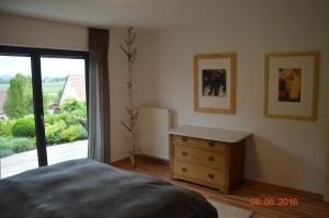 um quarto com uma cama, uma cómoda e uma janela em Ferienwohnung Hochgratblick em Leutkirch im Allgäu