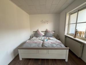 a bedroom with a bed in a room with a window at Ferienwohnung zur Langen Meile in Kalteneggolsfeld