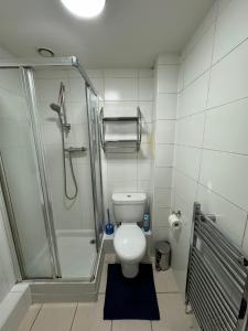 a small bathroom with a shower and a toilet at London gateway get-away in Hounslow