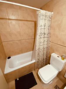 ein Badezimmer mit einem WC, einer Badewanne und einem Duschvorhang in der Unterkunft Luminoso Monoambiente en Villa Crespo in Buenos Aires