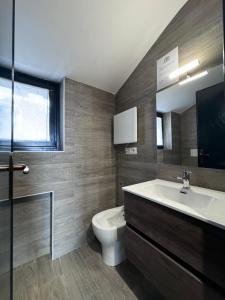 a bathroom with a sink and a toilet and a mirror at ComeCasa La Magdeleine 2 Bedrooms Chalet in La Magdeleine