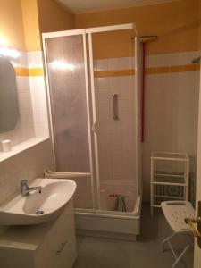 ein Bad mit einer Dusche und einem Waschbecken in der Unterkunft Ferienwohnung Parkblick 712 in Bad Rodach