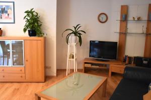 a living room with a coffee table and a plant at Ferienwohnung Kurringblick 938 in Bad Rodach