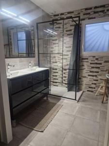 een badkamer met een wastafel en een glazen douche bij La Maison de Coco in Le Puy