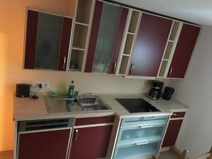 a kitchen with brown cabinets and a sink at Ferienwohnung Adlerhorst in Lautertal