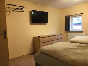 a bedroom with a bed and a television on the wall at Ferienwohnung Adlerhorst in Lautertal