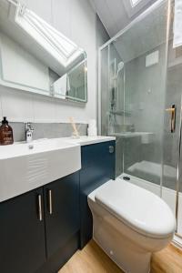 a bathroom with a toilet and a sink and a shower at Lowfield Lodge & Hot Tub - Humberston Fitties Beach in Cleethorpes