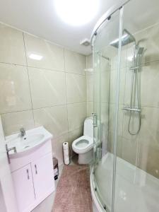 a bathroom with a shower and a toilet and a sink at Modern Luxurious New Build Entire 2 Bedroom Apartment in Basildon