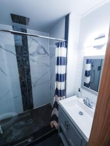 uma casa de banho com um chuveiro e um lavatório. em Historic Bushwick, Brooklyn Brownstone Apartment em Brooklyn