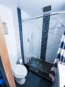 a bathroom with a toilet and a shower at Historic Bushwick, Brooklyn Brownstone Apartment in Brooklyn