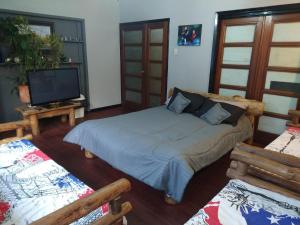 a bedroom with a bed and a flat screen tv at Hospedaje Casa Rojas in Bogotá