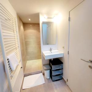 uma casa de banho branca com um lavatório e um chuveiro em New Stylish Grand place City Center Duplex em Bruxelas