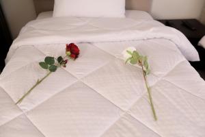 two roses sitting on a bed with white sheets at Duplex-Nyoum New Cairo in Cairo