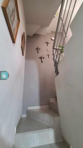 eine Treppe mit einer Gruppe von Vögeln, die an der Wand hängen in der Unterkunft Casa Cuenca in Cuenca