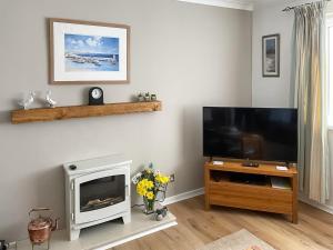 uma sala de estar com uma televisão de ecrã plano e uma lareira em Aidan - 28254 em Seahouses