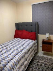 a bedroom with a bed with red pillows and a night stand at Cozy and relaxing apartment in Guatemala