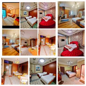 a collage of four pictures of a hotel room at KQ hostel in Ho Chi Minh City