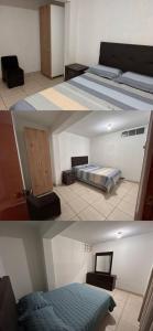 two pictures of a room with two beds in it at Vicencio in Ayacucho
