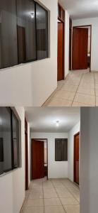 two pictures of a room with doors and a hallway at Vicencio in Ayacucho