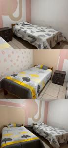 two pictures of a bed in a room at Vicencio in Ayacucho