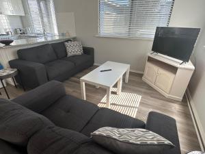 a living room with a couch and a tv at Budgie Smuggler - Cabin 96 Geographe Bay Holiday Park in Broadwater