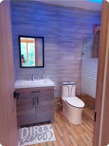 een badkamer met een toilet, een wastafel en een spiegel bij Villa Génesis in Cabrera