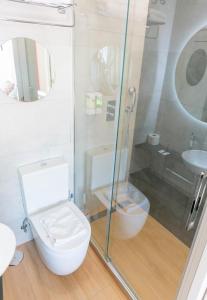 uma casa de banho com um WC e uma cabina de duche em vidro. em Hostal Juliette-Gran Vía em Madri