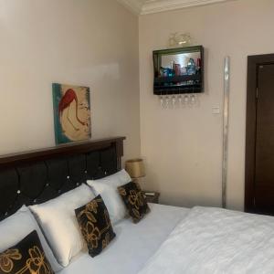 een slaapkamer met een bed en een tv aan de muur bij HP Pavilion in Abuja