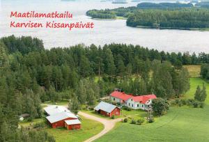 an aerial view of a house on a hill next to a lake at Karvisen Kissanpäivät Joensuun lähellä in Ruokola