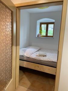 ein kleines Bett in einem Zimmer mit Spiegel in der Unterkunft Energietanken vor den Toren Dresdens -barrierefrei- in Dippoldiswalde