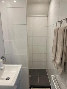 La salle de bains blanche est pourvue d'un lavabo et d'une douche. dans l'établissement B&B 't Landschap, à Boelenslaan