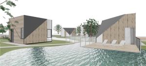 a rendering of a building next to a body of water at STADE LAND GOLF HOTEL & Tiny Houses in Deinste