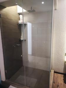 a shower with a glass door in a bathroom at Hotel Dubái in Texcoco de Mora