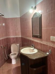 a bathroom with a toilet and a sink and a mirror at Village Inn Resort in Negombo
