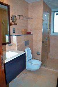 a bathroom with a toilet and a sink and a shower at KingJada Hotels And Apartments Ltd in Dar es Salaam