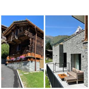 two pictures of a log house with a couch outside at Chalet Coral und Zermatter Stadel in Zermatt