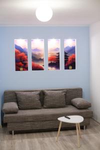 een woonkamer met een bank met vier schilderijen aan de muur bij Cozy Studio Apartment in Arad City Center in Arad
