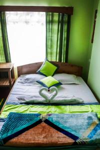 Schlafzimmer mit einem Bett mit grünen Wänden und einem Fenster in der Unterkunft Choice Home Stay in Kalimpong