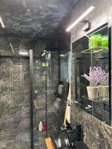 a bathroom with a glass shower with a sink at CassaTa-one-Vaslui in Vaslui