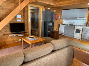 a living room with a couch and a television in a cabin at Mökki Aapola in Puumala +49 photos