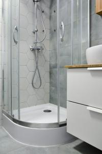 La salle de bains est pourvue d'une douche avec une porte en verre. dans l'établissement Podgórze Apartment - near Vistula river, City View - by Rentujemy, à Cracovie