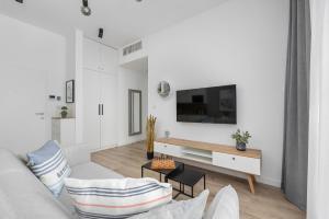 a living room with a couch and a tv on a wall at Apartament Relax z Balkonem Shellter Rogowo Renters Prestige in Rogowo