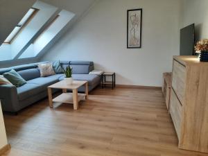 a living room with a couch and a table at Chabrowa Apartamenty 2 in Milicz
