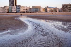 een zandstrand met gebouwen op de achtergrond bij Leopold Hotel Ostend in Oostende