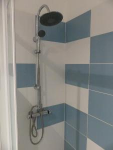 e bagno con doccia e piastrelle bianche e blu. di Maison de village au calme axe Annecy - Genève a Villy-le-Pelloux