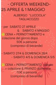 a list of dishes on the menu of the pizzeria at La Lucciola Albergo Ristorante in Tagliacozzo