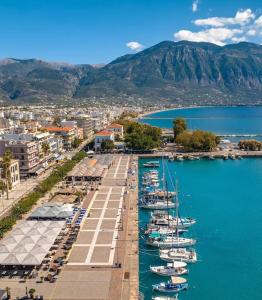 a group of boats are docked in a harbor at Downtown golden apartment in Kalamata