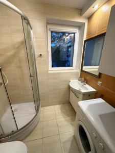 ein Badezimmer mit einer Dusche, einem Waschbecken und einer Waschmaschine in der Unterkunft Cozy Apartment Wrzeszcz free parking! in Danzig