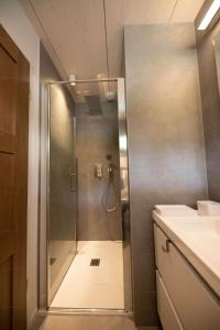 a shower with a glass door in a bathroom at Appartement UBAC in Rovagny